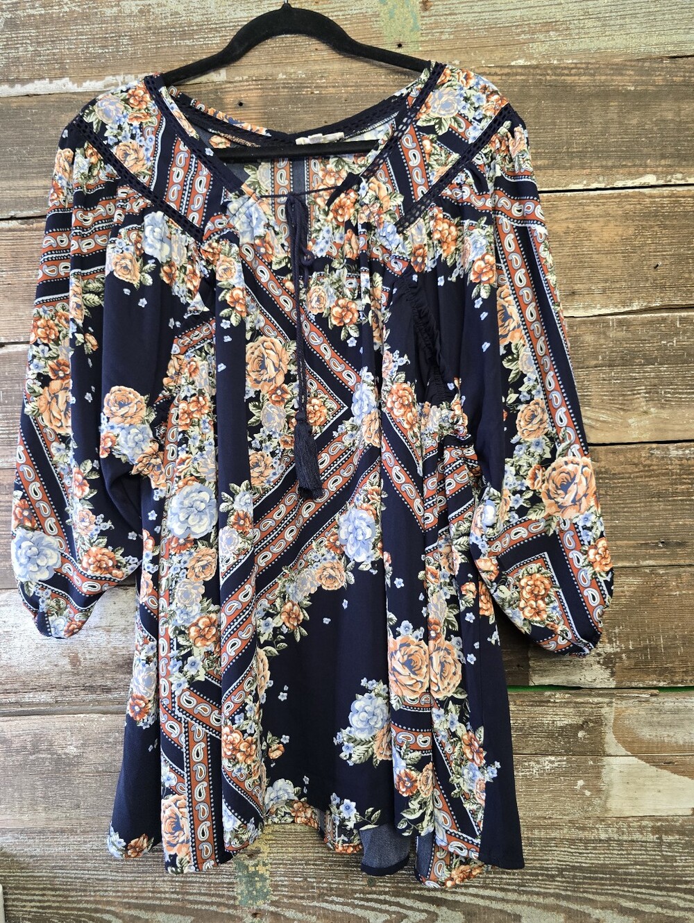 Oddy Navy Floral Boho Peasant Blouse, Size 1X